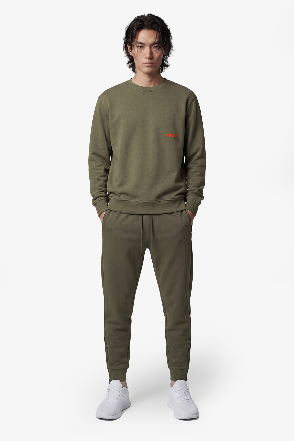 TYGA EMBROIDERY ROUND NECK SWEATER - DRAB GREEN